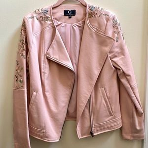SOLD G BY GIULIANA Pink Embroidered Leather Moto Jacket